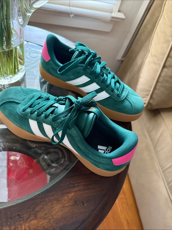 adidas Shoes - adidas Green Suede Sneakers with Pink Heel Patch